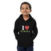 Black kids eco hoodie with "I Love School" print, featuring a front pouch pocket and ribbed cuffs.