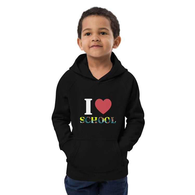 Black kids eco hoodie with "I Love School" print, featuring a front pouch pocket and ribbed cuffs.