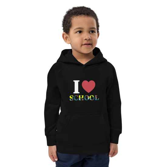 Kids eco hoodie in black with "I Love School" design, featuring a front pouch pocket and lined hood for warmth.