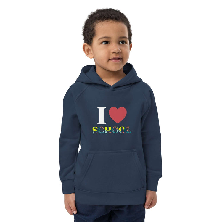 Kids eco hoodie with "I Love School" print, featuring a pouch pocket and soft organic fabric for comfort.